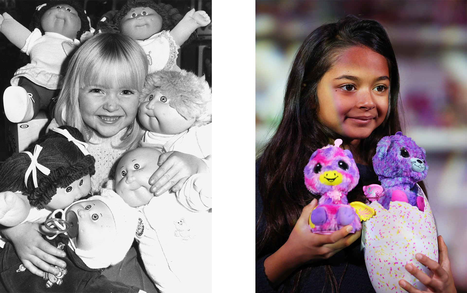 Cabbage Patch Kids (Credit: SSPL/Getty Images) and Hatchimals (Credit: Dan Kitwood/Getty Images)
