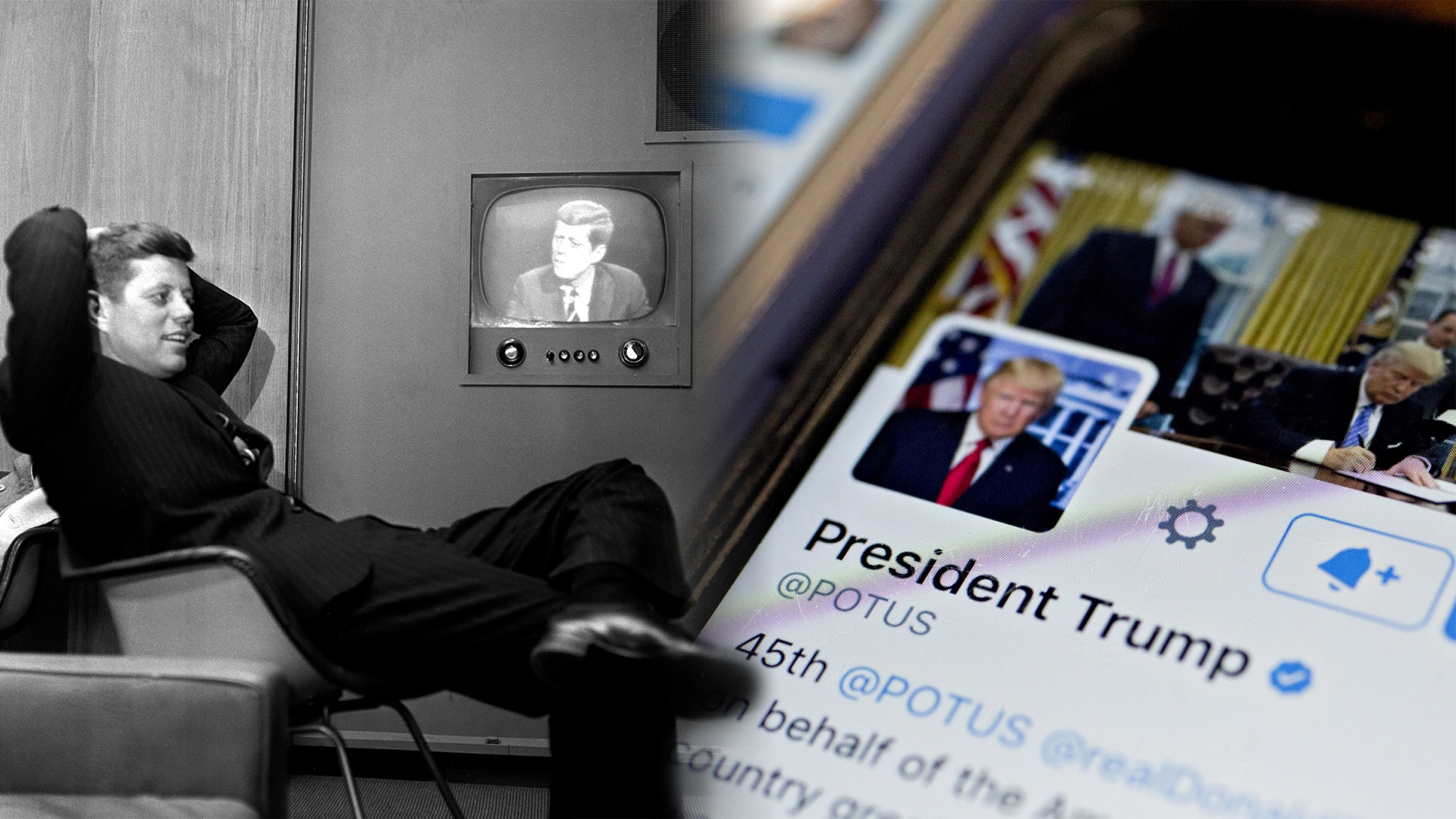 John F. Kennedy, then Democratic presidential nominee, sitting next to a playback of his televised appearance in Milwaukee for the Wisconsin presidential primary two days later. (Credit: AP Photo); The Twitter account of U.S. President Donald Trump, @POTUS. (Credit: Andrew Harrer/Bloomberg via Getty Images)