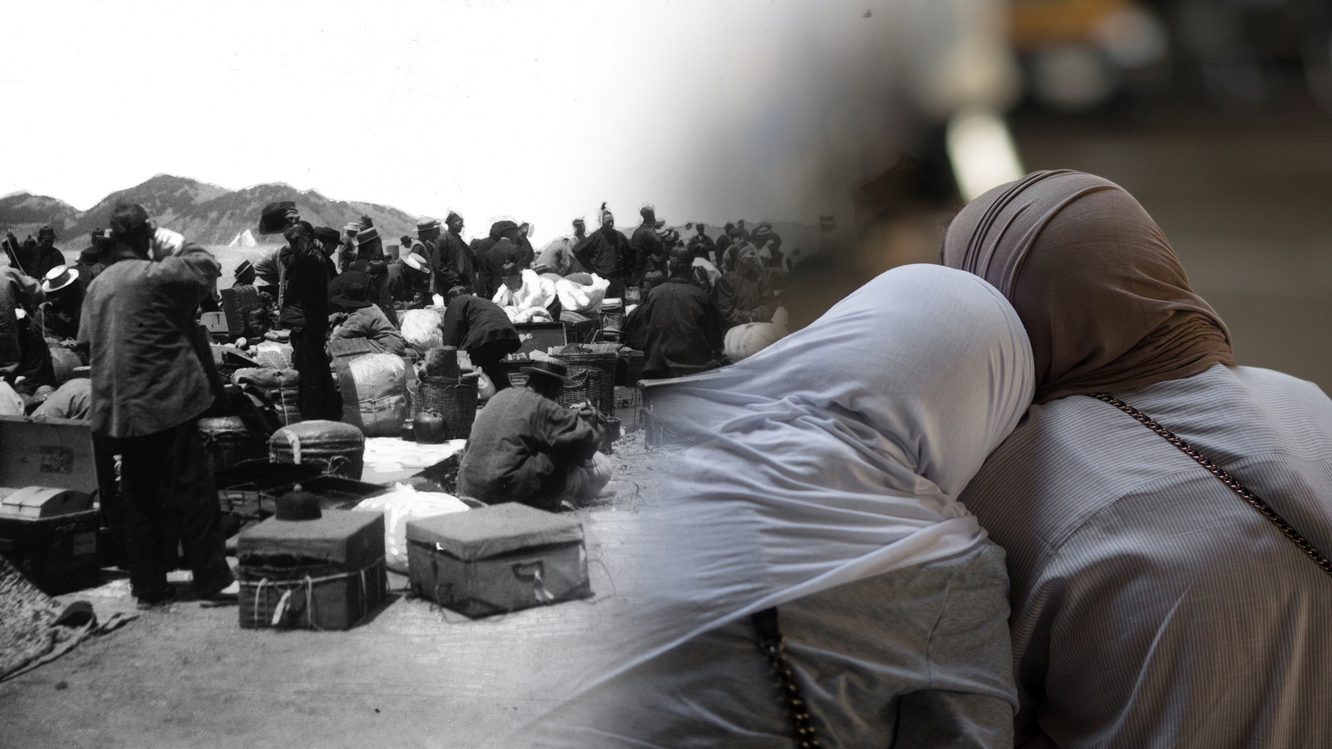 A group of primarily Chinese and East Asian immigrants waits on a wharf after disinfection at Angel Island, San Francisco Bay, California, 1910s. (Credit: FPG/Getty Images); International travelers arrive on the first day of the the partial reinstatement of the Trump travel ban, temporarily barring travelers from six Muslim-majority nations from entering the U.S., at Los Angeles International Airport on June 29, 2017 in Los Angeles, California. (Credit: David McNew/Getty Images)