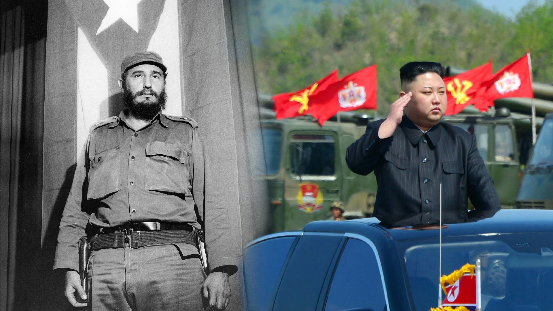Fidel Castro, 1964. (Credit: Jung/ullstein bild via Getty Images); North Korean leader Kim Jong-Un (C) attending the combined fire demonstration of the services of the Korean People’s Army in celebration of its 85th founding anniversary at the airport of eastern front. (Credit: STR/AFP/Getty Images)