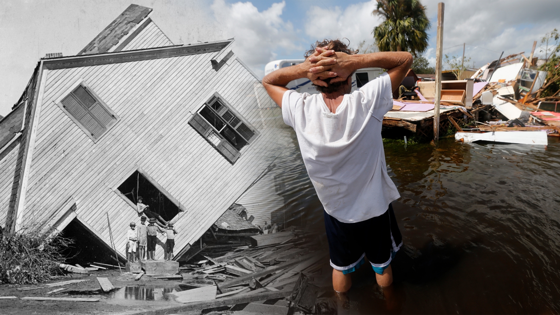 A house moved by the Galveston disaster. (Credit: The Library of Congress); Larry Dimas walk around his destroyed trailer in Immokalee, Florida after Hurricane Irma. (Credit: Gerald Herbert/AP Photo)