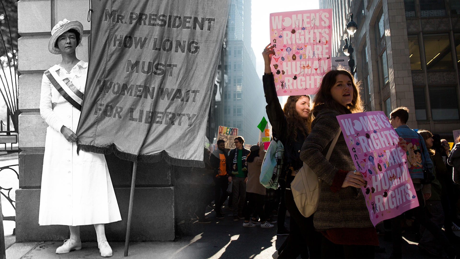 Mrs. William L. Colt, of New York City, who had just arrived at Washington where she picketed the White House. (Credit: Bettmann Archive/Getty Images); Demonstrators marching along Madison Avenue during a women's march in New York City. The march was held in solidarity with similar events taking place in Washington D.C. and around the nation. (Credit: Mary Altaffer/AP Photo)
