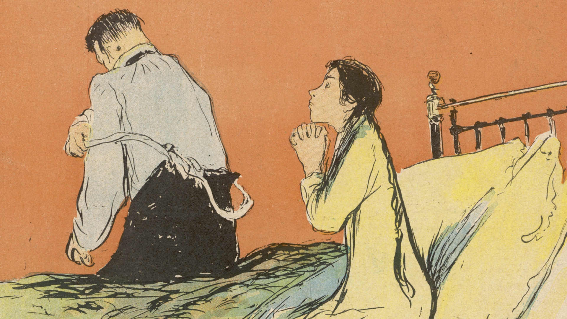 An illustration on the front of the 19th century publication, Le Rire, of a woman praying to be spared of an unwanted pregnancy while her husband gets ready to come to bed. (Credit: Historia/REX/Shutterstock)
