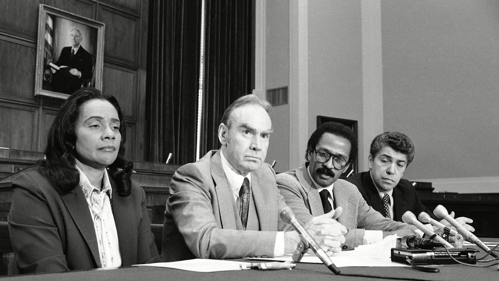 Coretta Scott King, widow of Dr. Martin Luther King, Jr., joining congressmen Jim Wright, John Conyers and Robert Garcia in Washington, in asking support for legislation designating her late husband's birthday as a legal holiday. (Credit: John Duricka/AP/REX/Shutterstock)