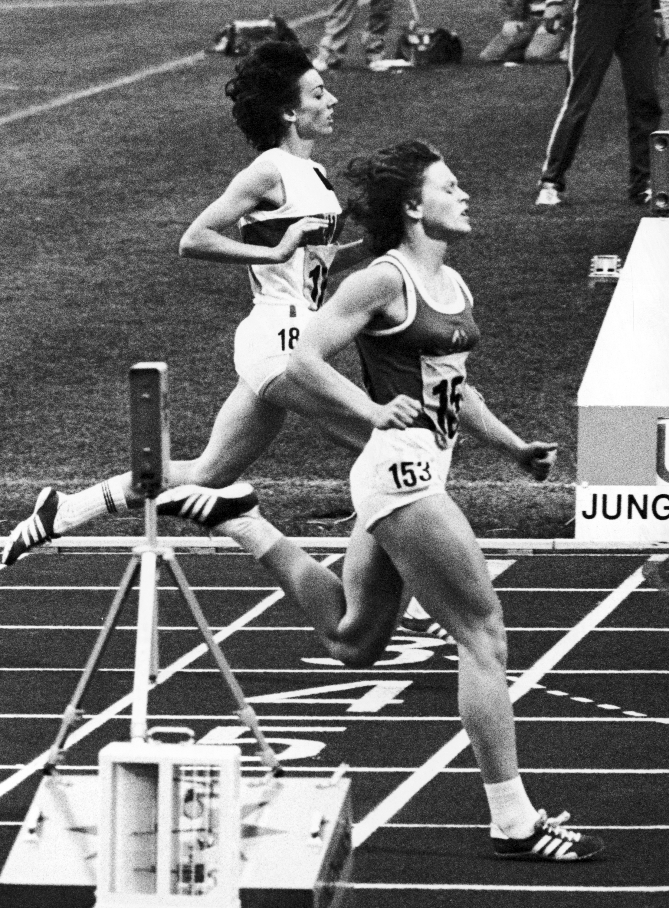 Monika Zehrt (153) of East Germany edging out Rita Wilden of West Germany to win the Women's 400 meter at the summer games in Munich, Germany, 1972. (Credit: AP Photo)