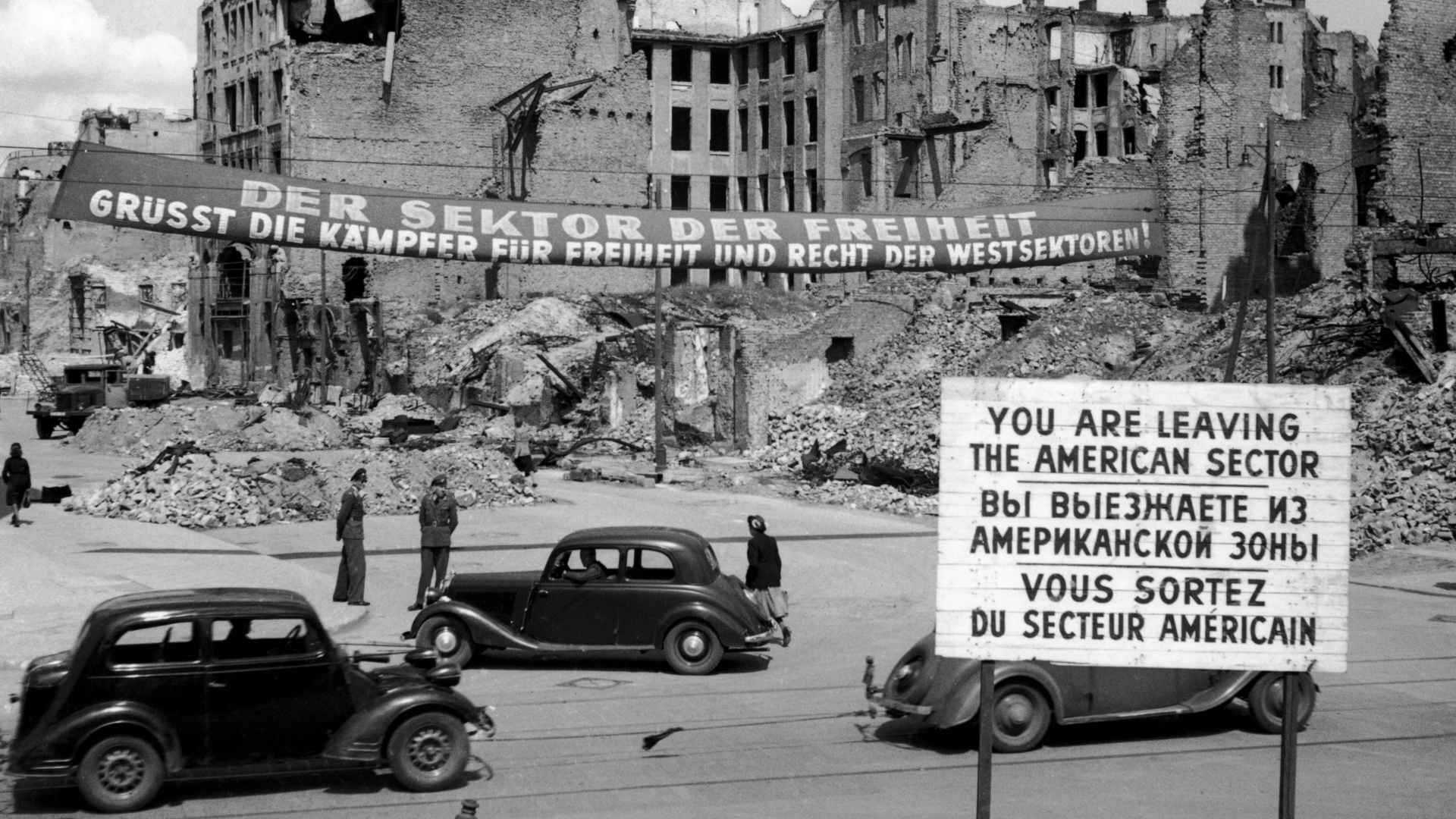 Road blocks from the Russian-American sector boundary in Germany, 1949. (Credit: Keystone/Getty Images)