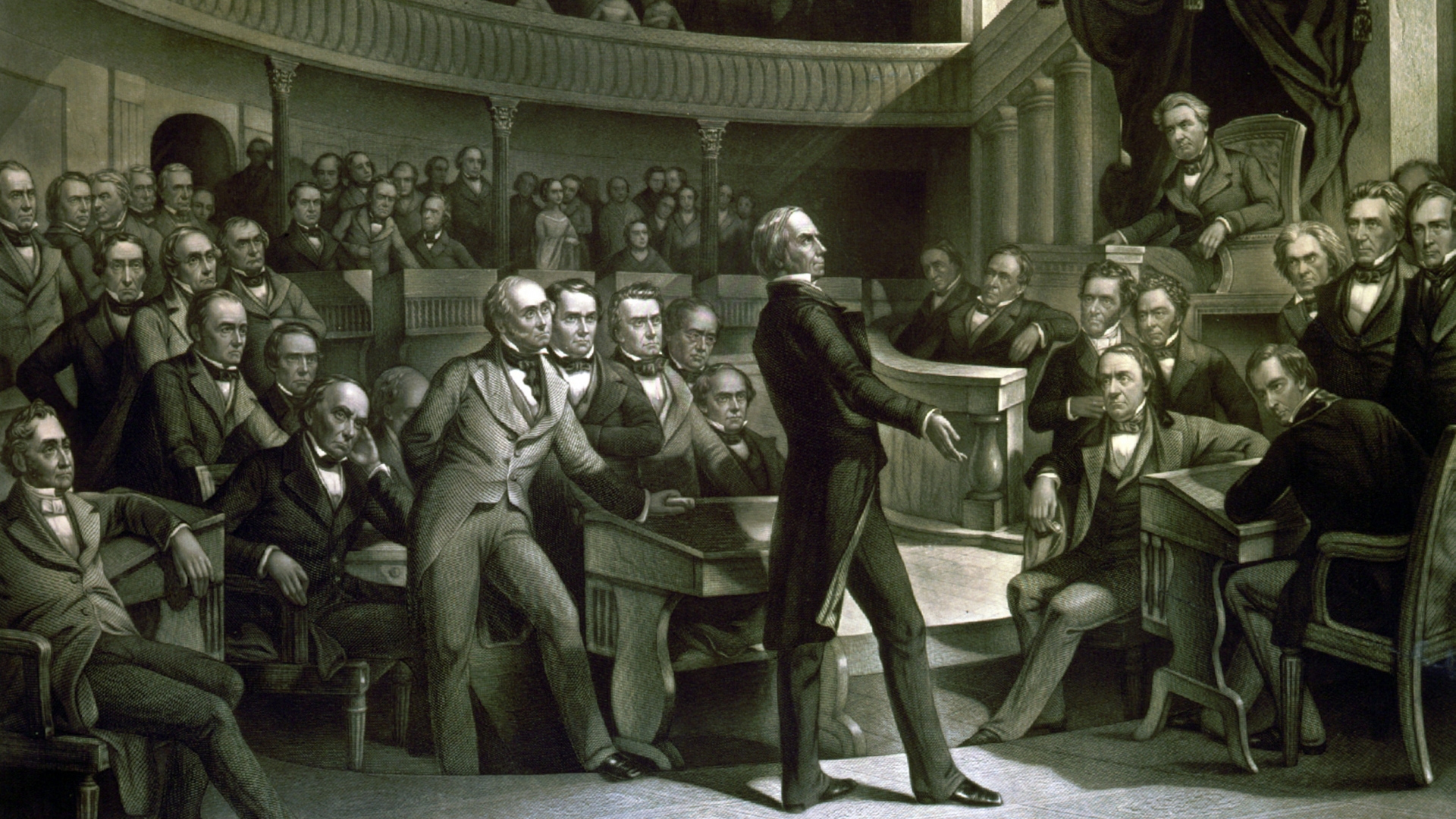 The United States Senate discussing the Compromise of 1850 in the Old Senate Chamber. (Credit: Universal History Archive/UIG via Getty images)