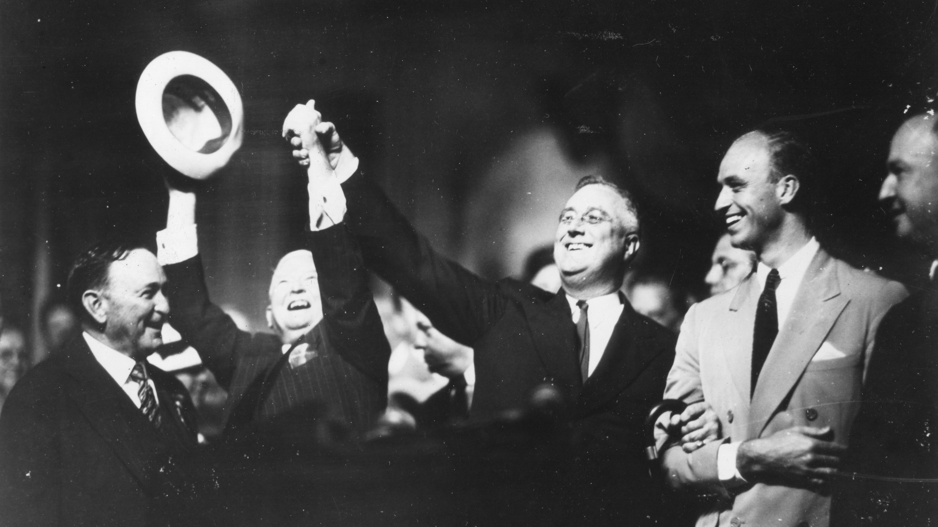 Franklin D Roosevelt celebrating during the 1936 Democratic National Convention. (Credit: PhotoQuest/Getty Images)
