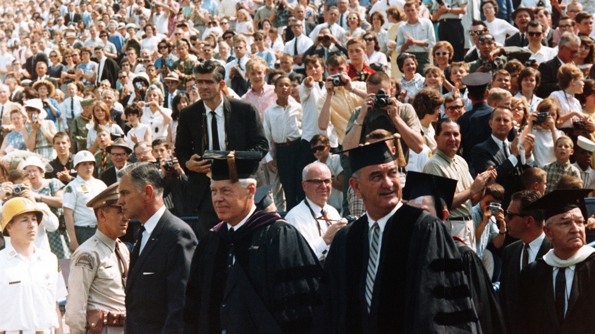 President Lyndon B. Johnson before his commencement address delivered to graduates of the University of Michigan. (Credit: Corbis/Getty Images)