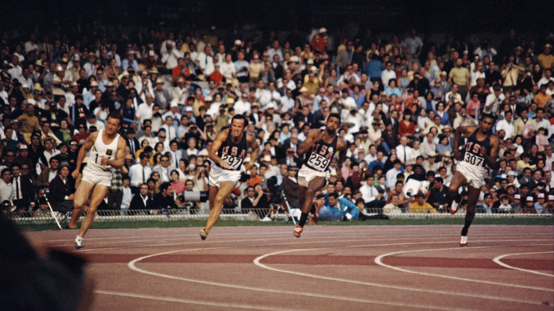 The final of the Men's 200 meter event at the 1968 Summer Games. From left to right: Peter Norman of Australia, and Larry Questad, John Carlos and Tommie Smith of the United States. (Credit: Rolls Press/Popperfoto/Getty Images)