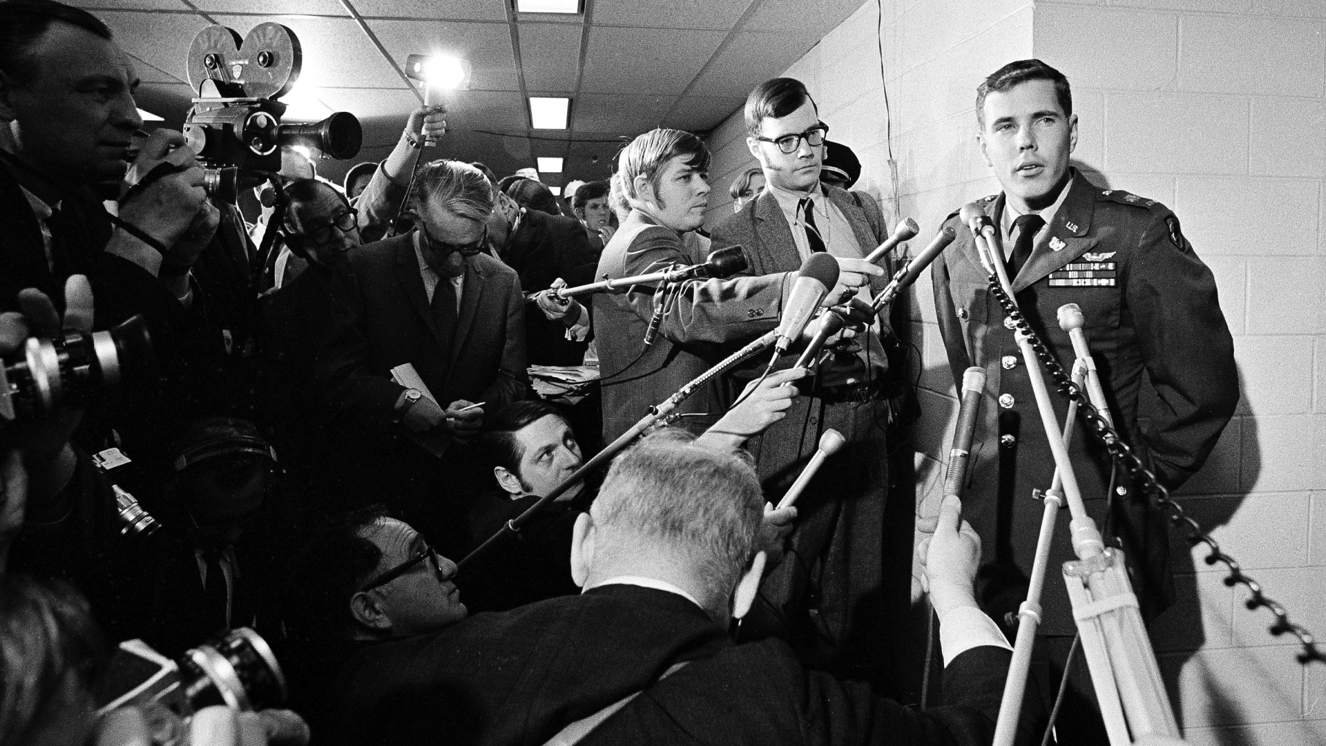 Hugh C. Thompson Army helicopter pilot, meeting with newsmen after appearing before an Army hearing at the Pentagon into the original investigation of the massacre at My Lai, 1969. (Credit: AP Photo)