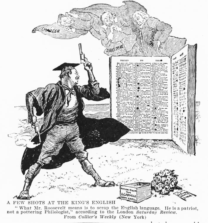1906 cartoon about Roosevelt's simplified spelling campaign sponsored by Carnegie from the Collier's Weekly. (Credit: Public Domain)
