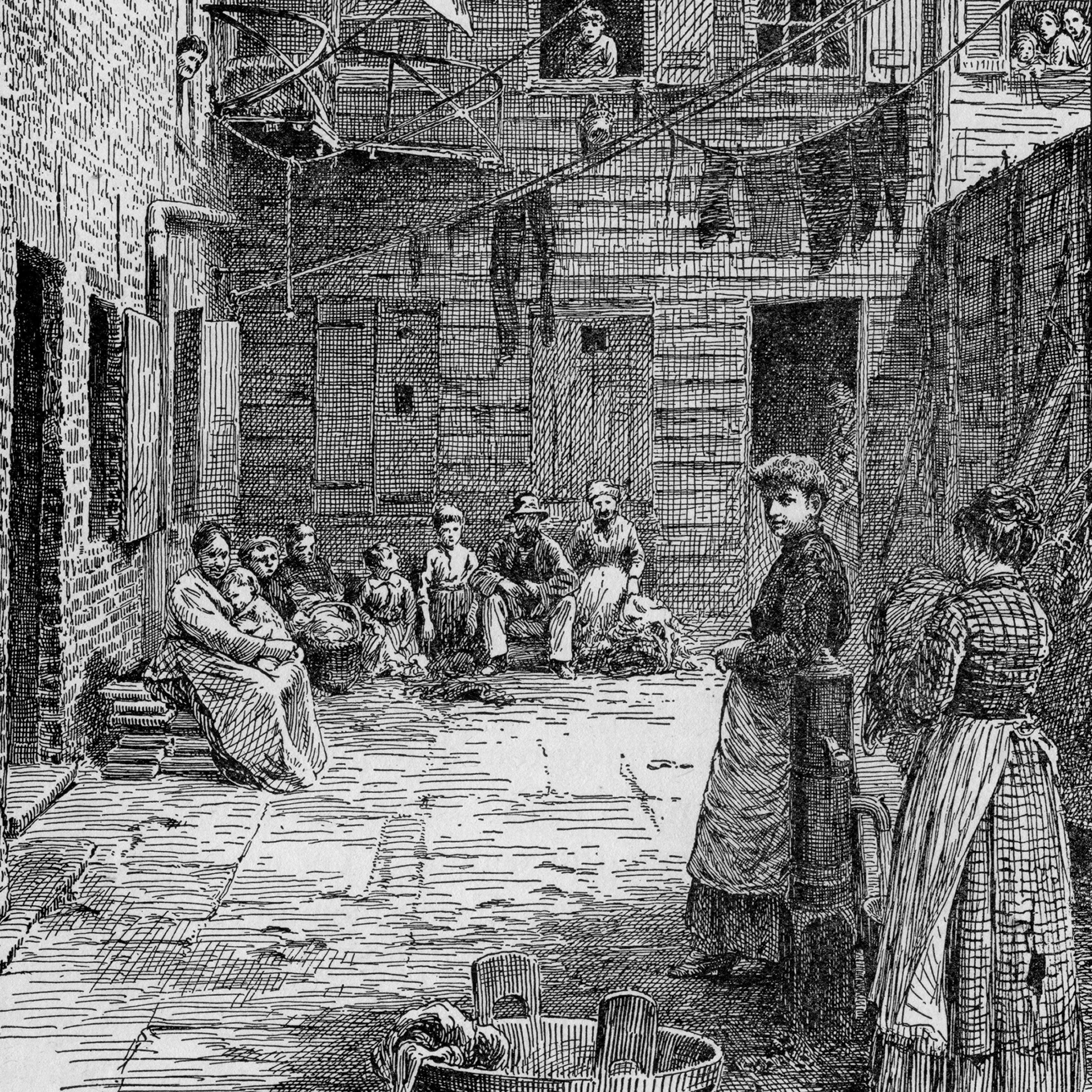 Tenement house residents in New York, 1899. This illustration appeared in the book ‘Darkness and Daylight: Lights and Shadows of New York Life’ by Helen Campbell. (Credit: Interim Archives/Getty Images)