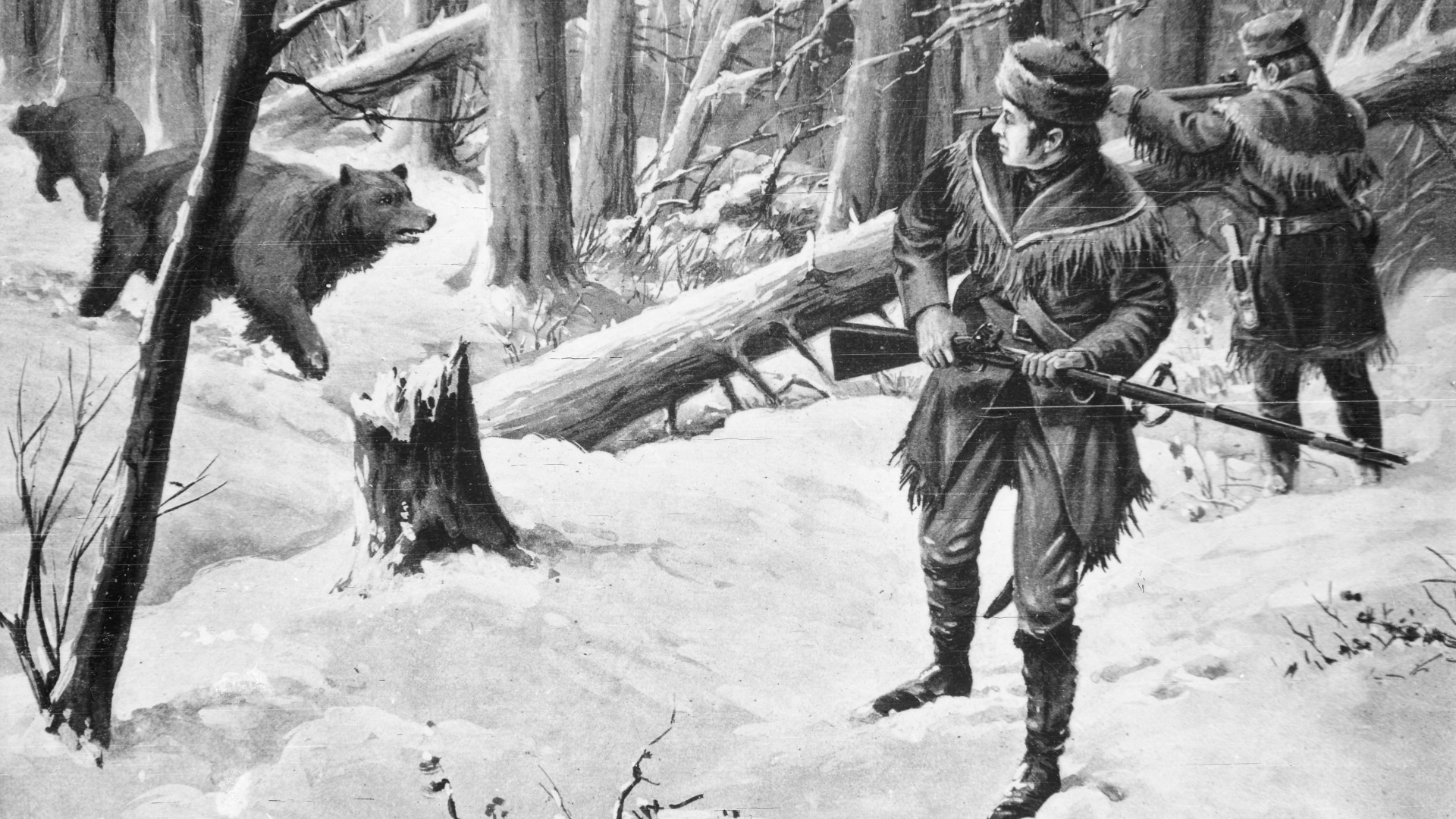 Frontiersman Lewis and Clark fighting off bears. (Credit: Bettmann Archives/Getty Images)