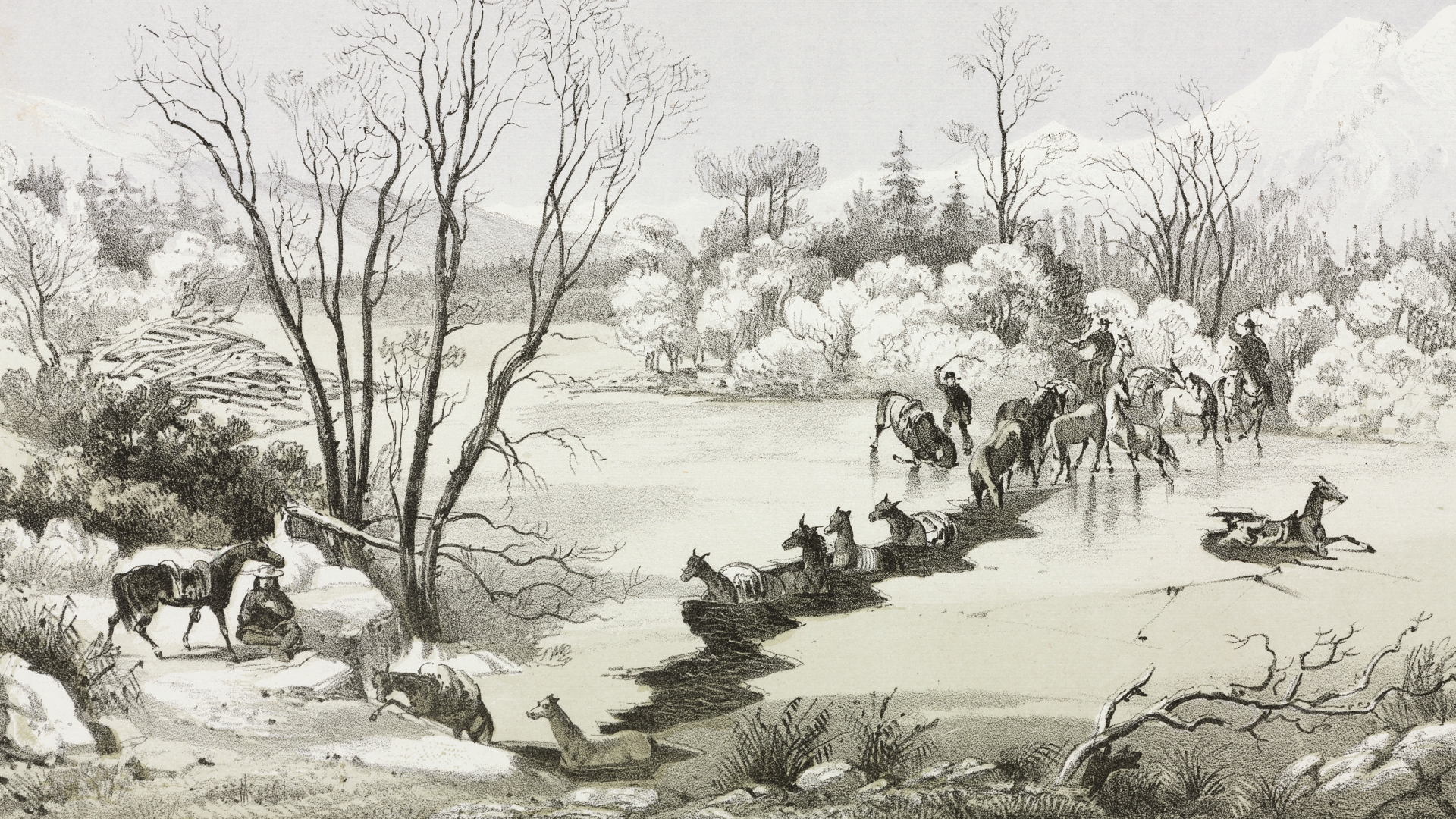 Explorers crossing the Hellgate River in Montana, 1854, where their horses fell into the frozen over river. (Credit: SSPL/Getty Images)