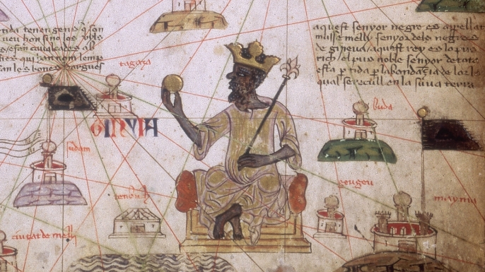 Mansa Musa, King of Mali, on a map of North Africa circa 1375. (Credit: Fotosearch/Getty Images)