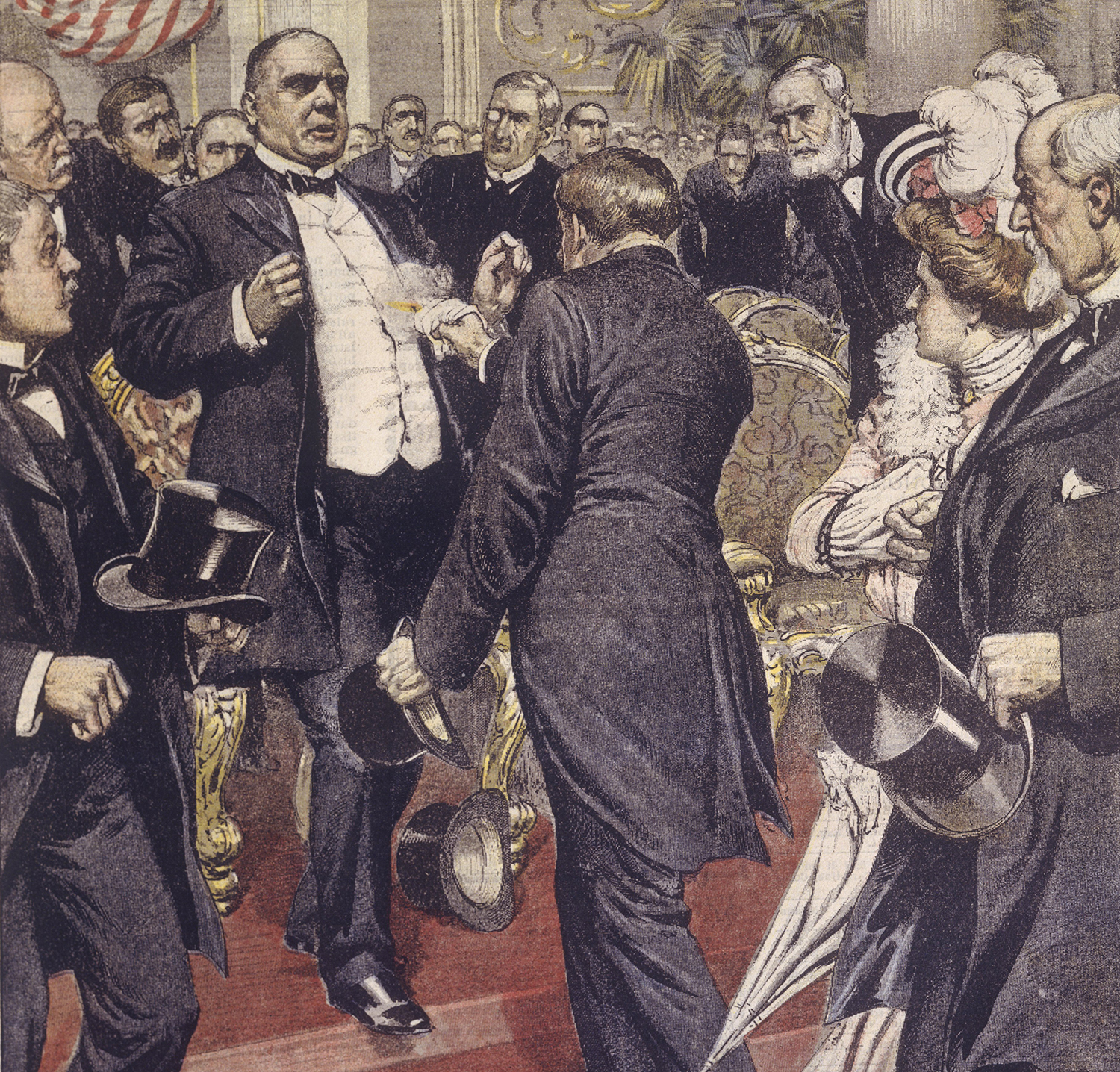 The assassination of President McKinley by the hand of an anarchist at the Exposition in Buffalo, NY. (Credit: DEA/A. DAGLI ORTI/De Agostini/Getty Images)