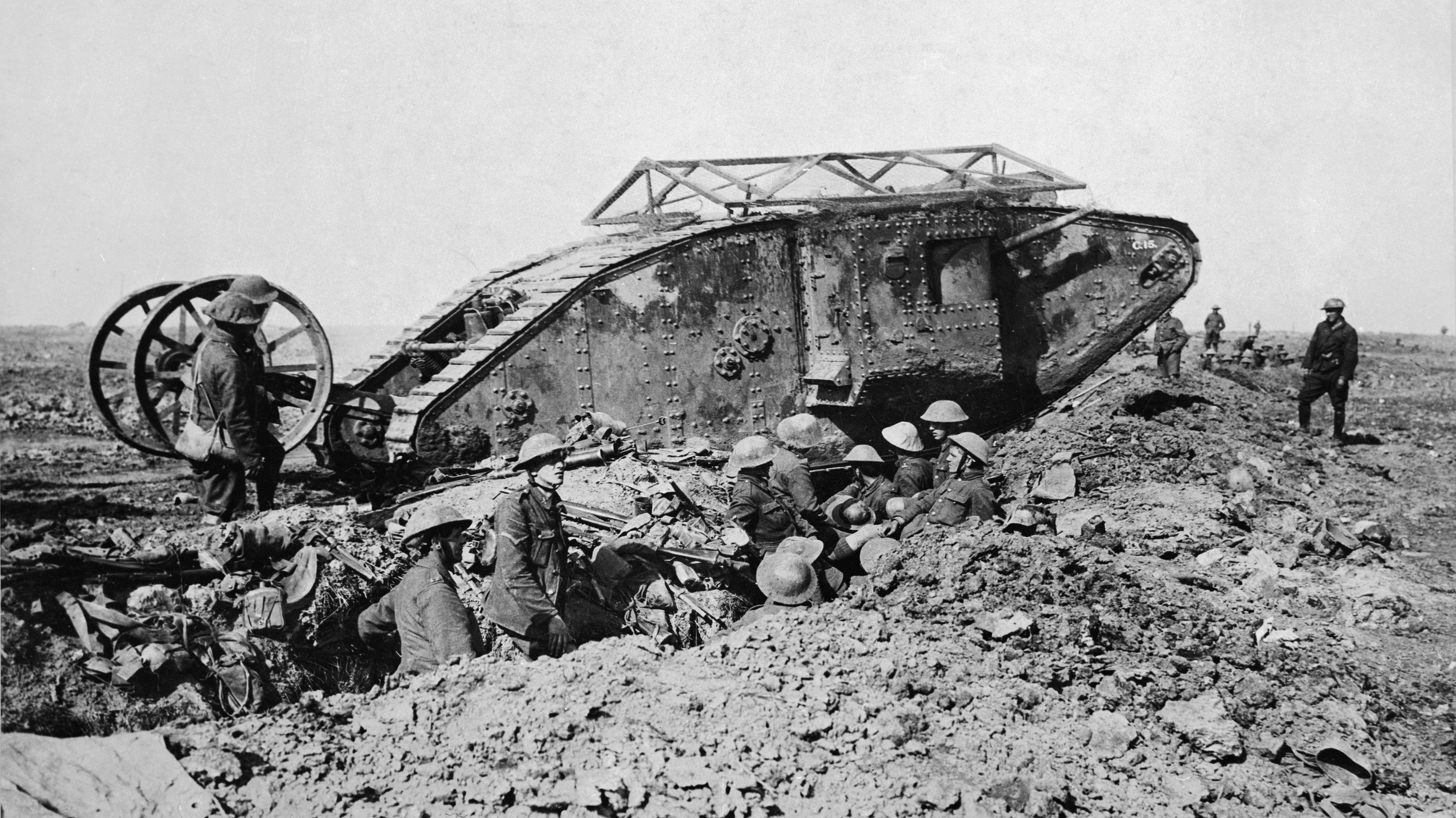 A British tank crossing a trench on its way to attack Thiepval on September 25, 1916 during the Battle of the Somme. (Credit: Lt. E Brooks/ IWM via Getty Images)