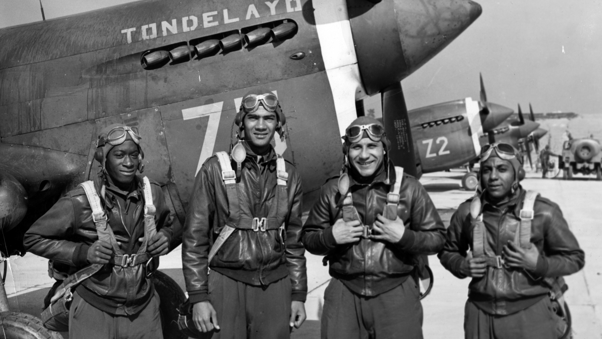 Members of the 1942 graduating class at Tuskegee Army Flying School: Alwayne Dunlap, Lawrence E Dickson, Wilmeth W Sidat Singh and Elmer L Gordon. (Credit: Afro American Newspapers/Gado/Getty Images)