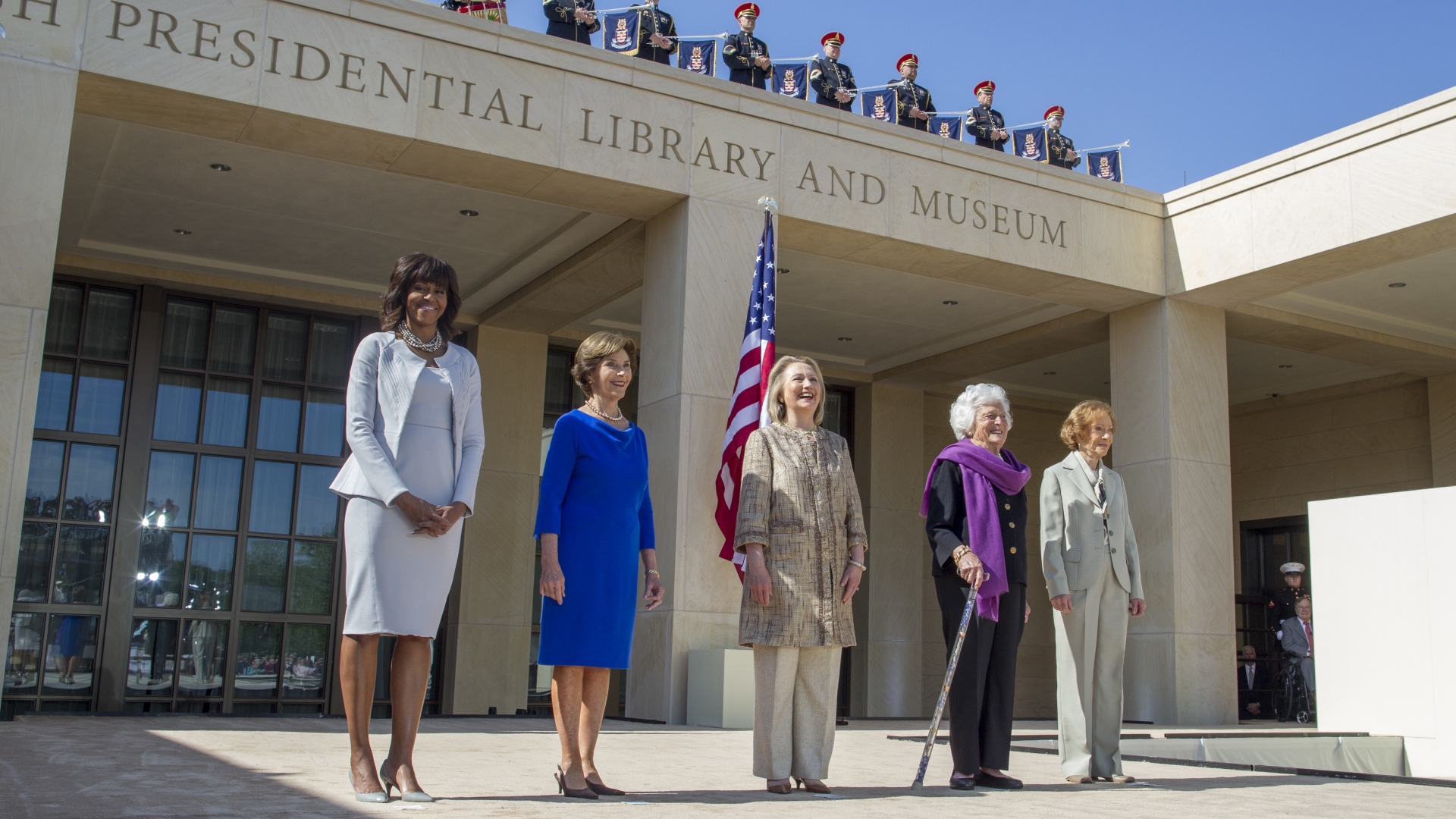 Former First Ladies Michelle Obama, Laura Bush, Hillary Clinton, Barbara Bush and Rosalynn Carter as they attend the dedication ceremony for the George W. Bush Presidential Center in Dallas. (Credit: Brooks Kraft LLC/Corbis/Getty Images)