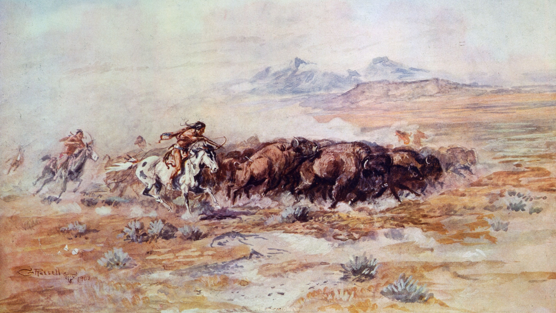 1887: Native American hunters pursue a herd of bison across the plains. Original Artwork: Painting by Charles Marion Russell. (Photo by MPI/Getty Images)
