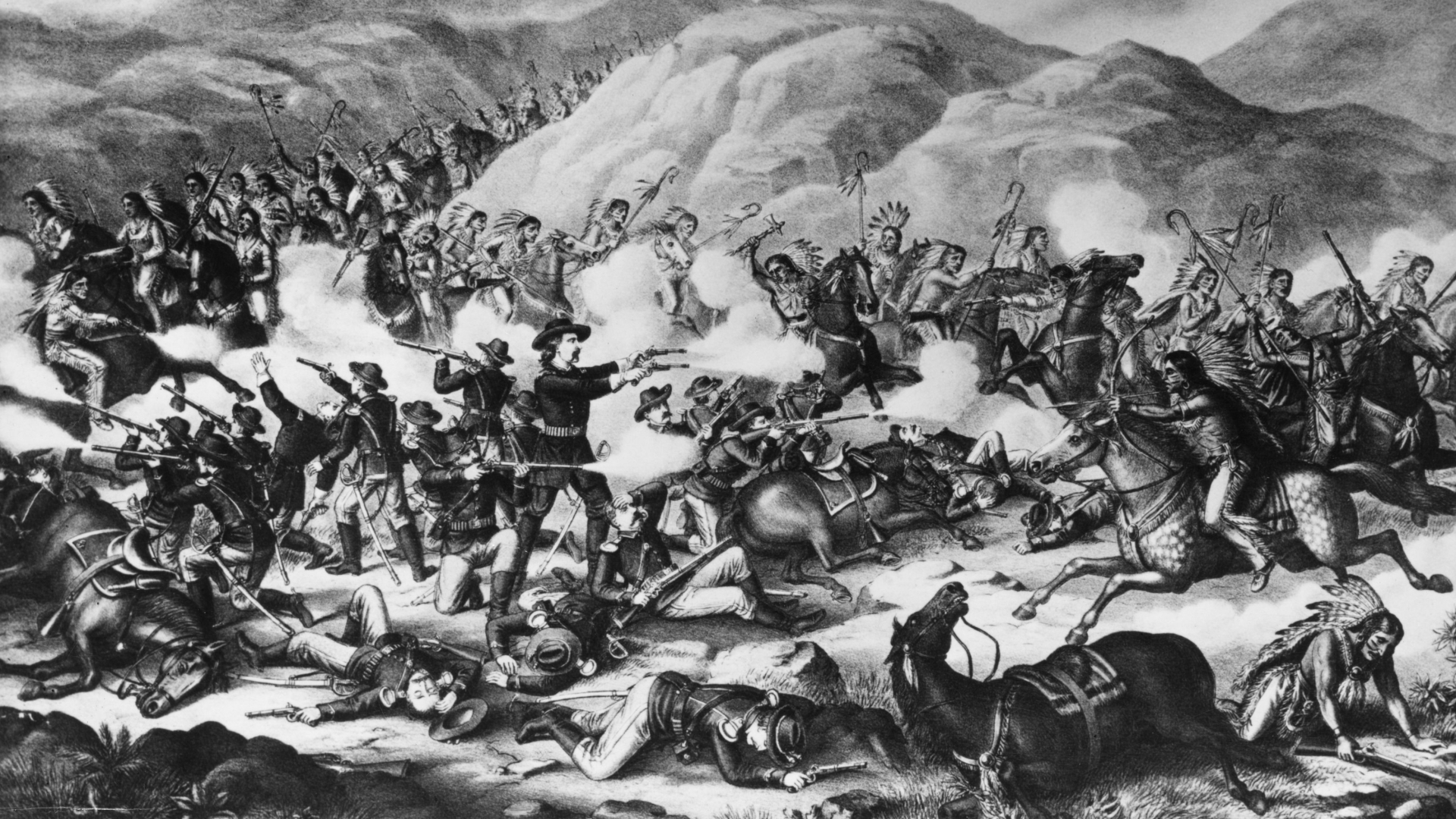 25th June 1876: General Custer with his men from the 7th Cavalry at the Battle of Bighorn being defeated by the combined forces of the Sioux-Cheyenne Indians. (Photo by Hulton Archive/Getty Images)