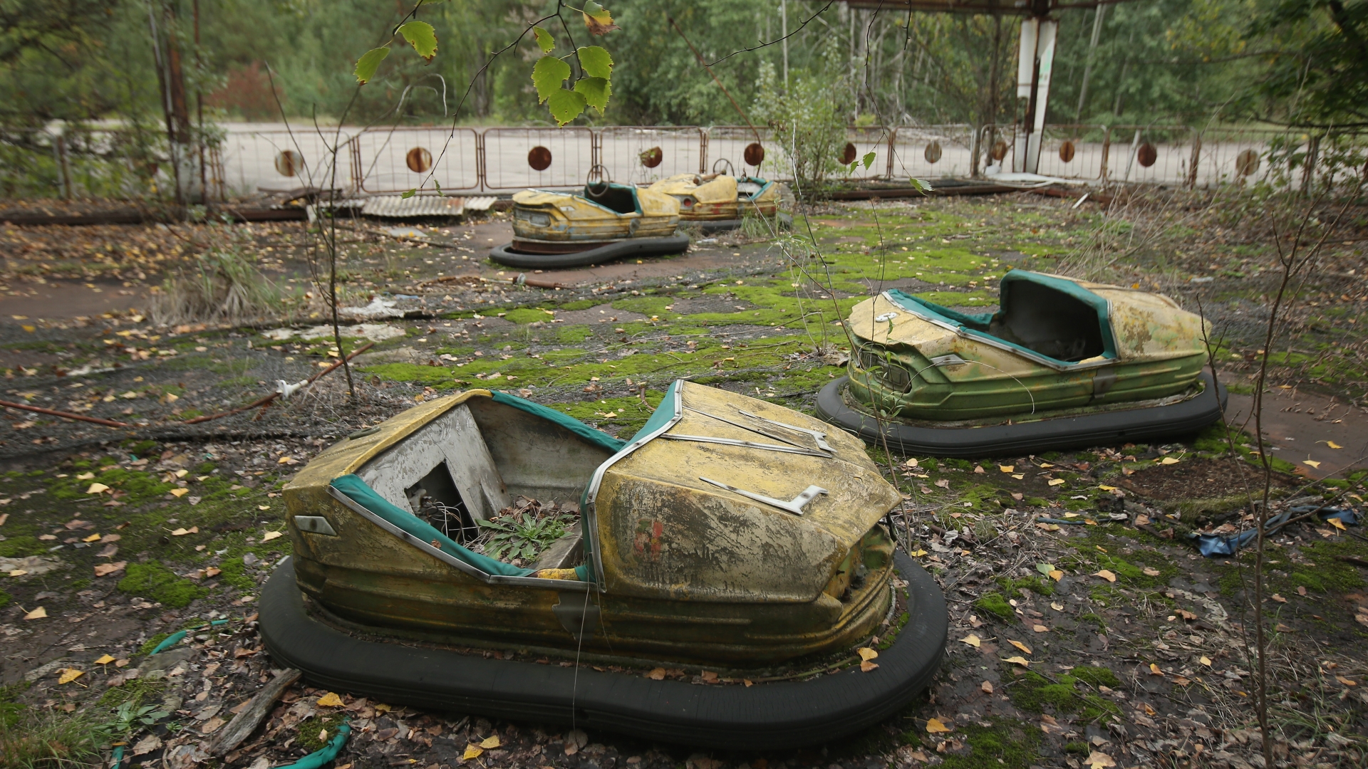Bumper cars stand in an abandoned amusement park in Prypiat, Ukraine, only a few kilometers from the former Chernobyl nuclear power plant. The city lies in the inner exclusion zone around Chernobyl where hot spots of persistently high levels of radiation make the area uninhabitable for thousands of years to come. (Credit: Sean Gallup/Getty Images)
