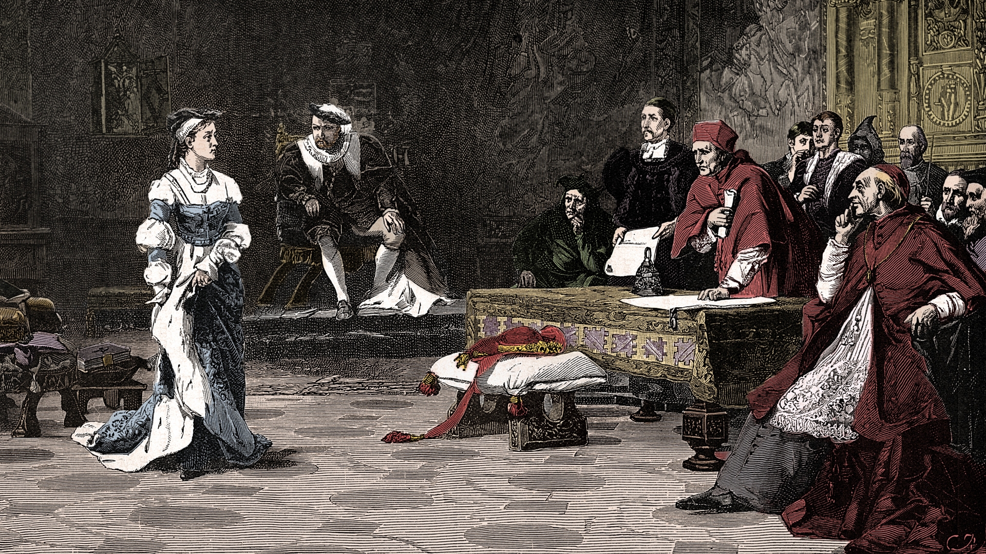 Catherine of Aragon pleading her case against divorce from King Henry VIII. (Credit: The Print Collector/Getty Images)