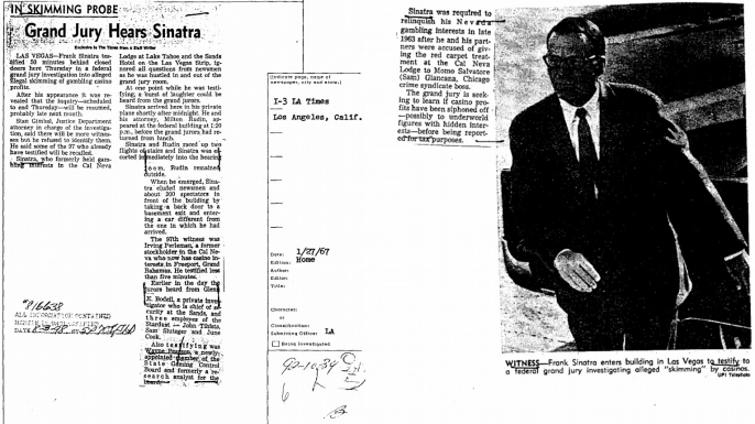 An article about Frank Sinatra's speculated mob ties with Sam Giancana, scanned in his FBI file. (Credit: The Federal Bureau of Investigation)